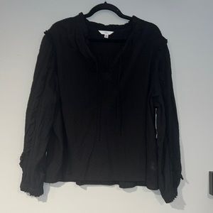 Time and Tru Black Clipped Dot Ruffle Black Blouse